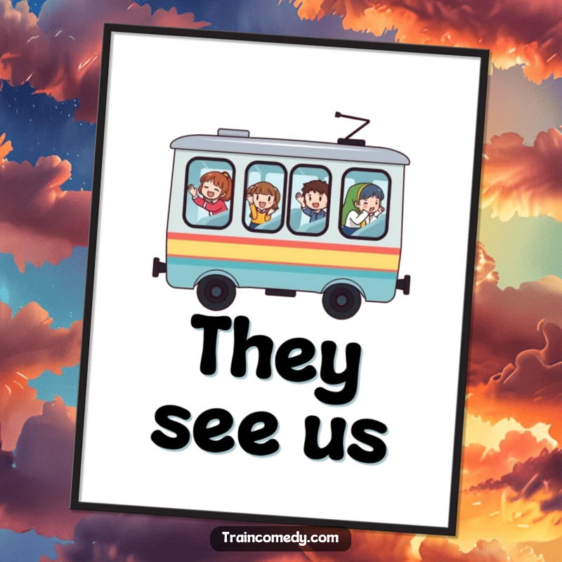 Funny train digital art print, whimsical train car with large windows, passengers waving, perfect for creative displays.