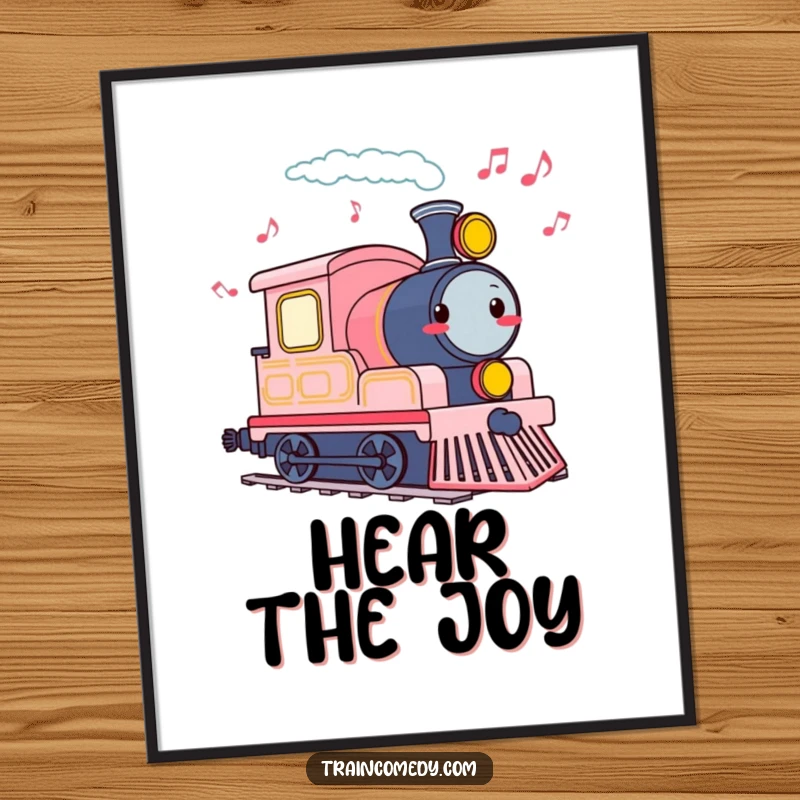 Funny digital art print of a cheerful train engine tooting, leaving a trail of musical notes.