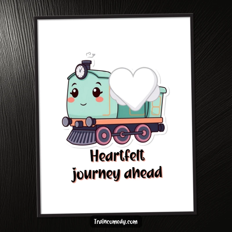 Cute smiling train character puffing a heart-shaped cloud, available as a digital art print.
