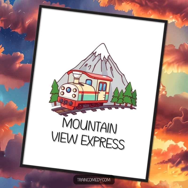 Funny kawaii train peeking over a mountain, available as a digital art print for instant download and humorous wall decor.