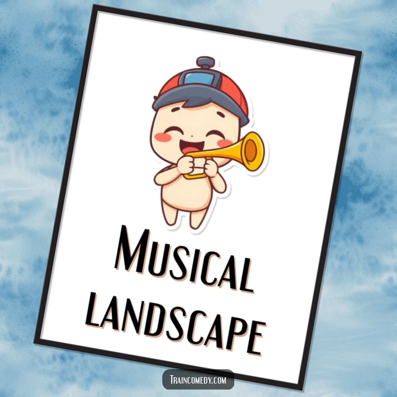 Funny digital art print of a happy character with a big grin playing a trumpet that resembles a train horn, radiating musical joy.