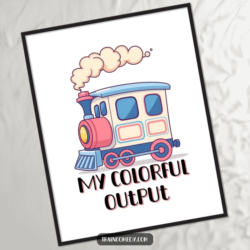 Funny train digital art print, cheerful train car exhaling colorful smoke rings, perfect for vibrant and happy displays.