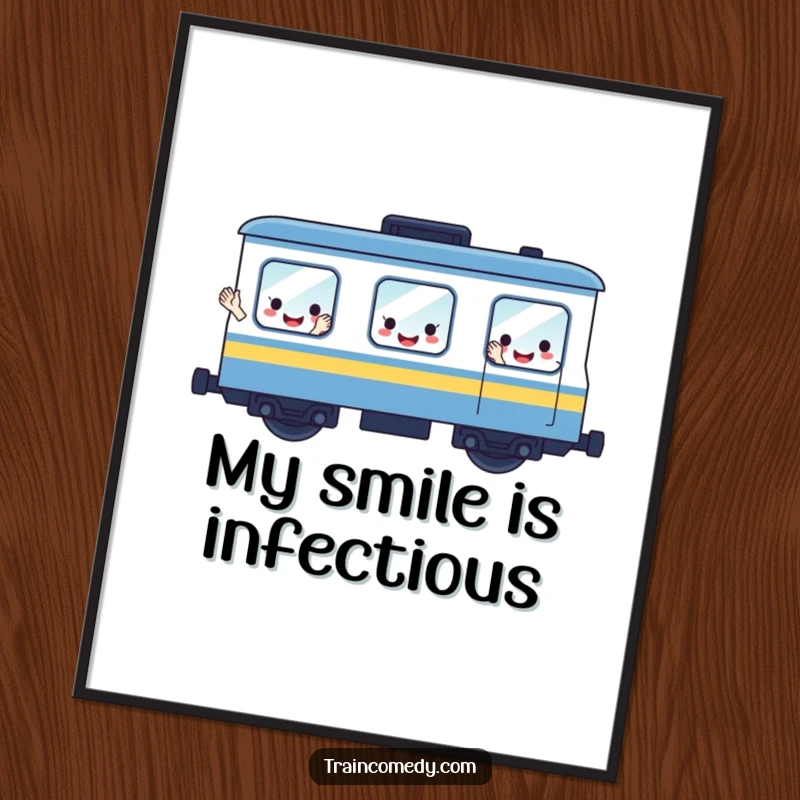 Funny digital art print of a cheerful train car with expressive smiling faces for windows, waving enthusiastically for wall decor.