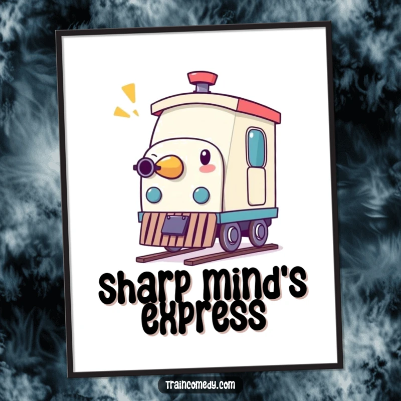 Funny digital art print of a whimsical pencil character comically imitating a train whistle, bringing creative and humorous vibes.