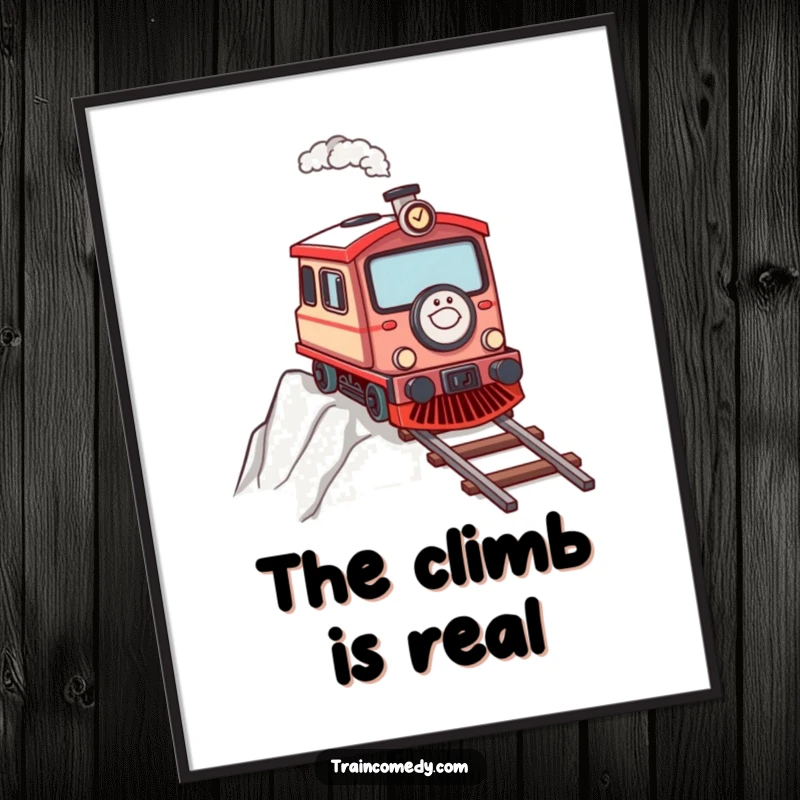Determined train character chugging up a steep incline, available as a digital art print.