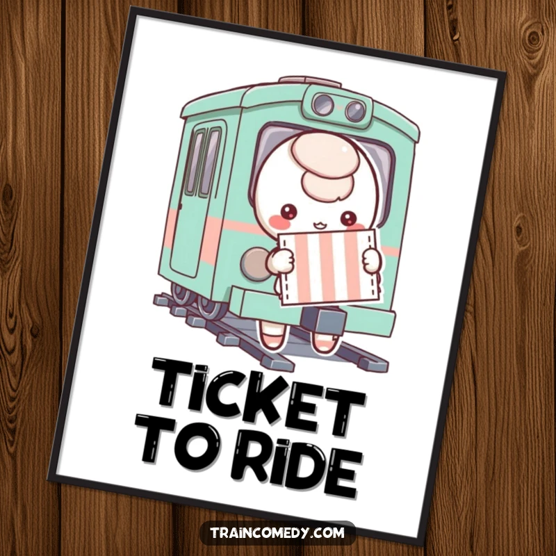 A playful character holding a striped ticket, about to board a whimsical train, as a high-resolution digital art print for instant decor.