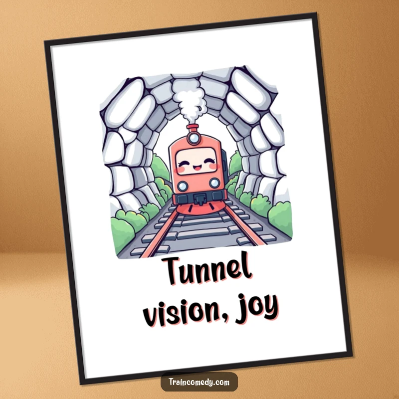 Funny Kawaii Train Digital Art Print: A giggling kawaii train character enters a tunnel, conveying playful joy.
