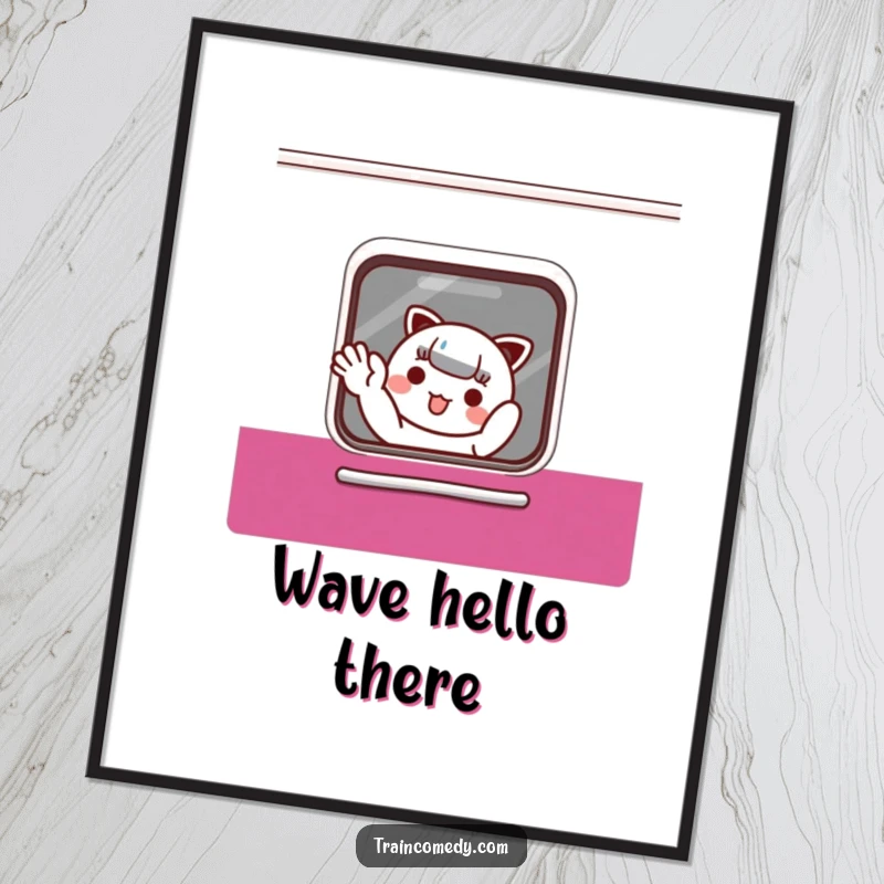 Funny Digital Art Print: Cute Kawaii character waves from a train, bringing cheer and whimsy to your decor, a fun gift.
