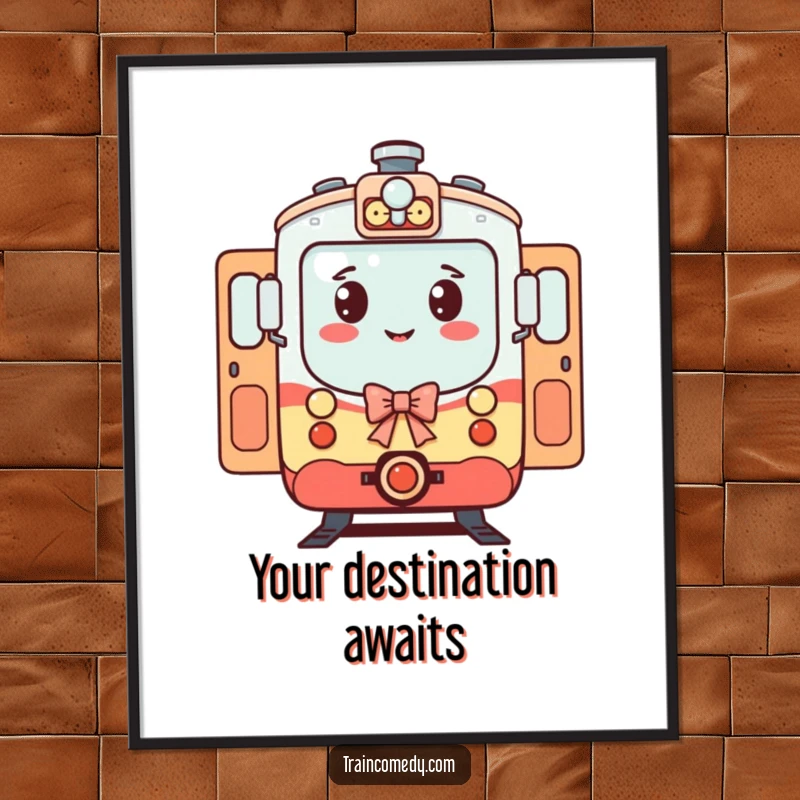 Funny Train Digital Art Print: A polite train character bows with open doors, offering a funny and cheerful welcome digitally.