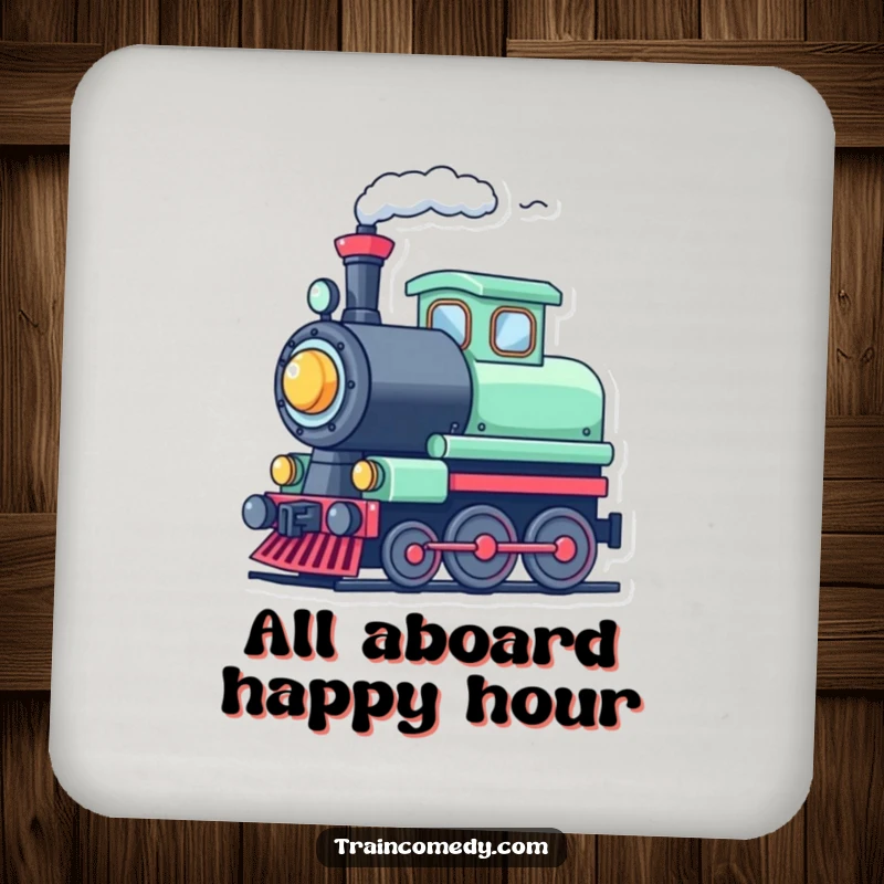 Funny cute train character tooting its whistle with steam, designed on a drink coaster for cheerful surface protection.