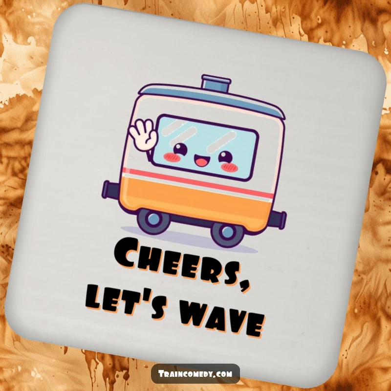 Funny kawaii train car character waving from a window on a functional and cheerful drink coaster.