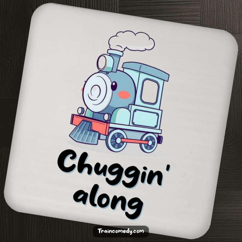 Funny drink coaster set featuring a happy cartoon train chugging along, protecting surfaces with locomotive-themed humor.