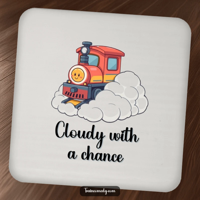 Funny drink coasters featuring a train character playfully bumping into soft, fluffy clouds, perfect for protecting surfaces with a whimsical and gentle design.