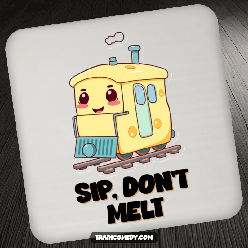 Funny drink coaster featuring a train carriage designed as a smiling cheese, protecting surfaces with delightful and humorous flair.