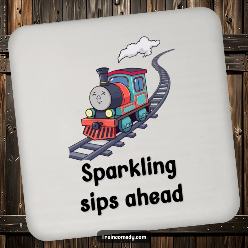Funny determined train character chugging uphill with sparkling coal, designed on a drink coaster for inspiring surface protection.