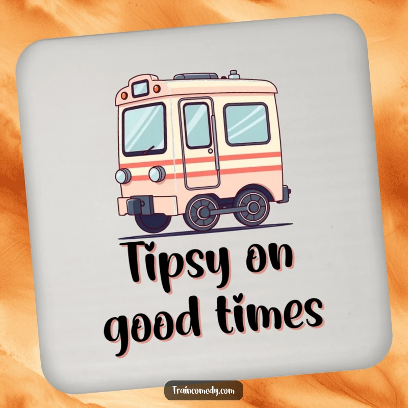 Funny drink coasters featuring a dizzy train car with wheels blurred from spinning. Protects surfaces with humor and style.
