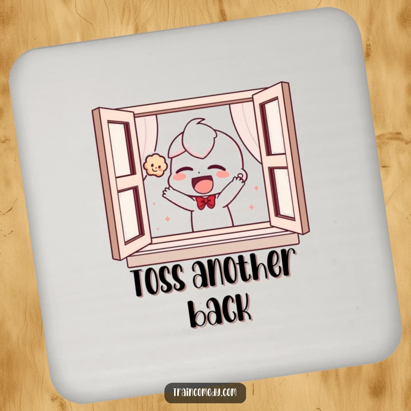 Funny drink coaster set featuring a giggling character playfully tossing a plush toy out of a window, protecting surfaces humorously.