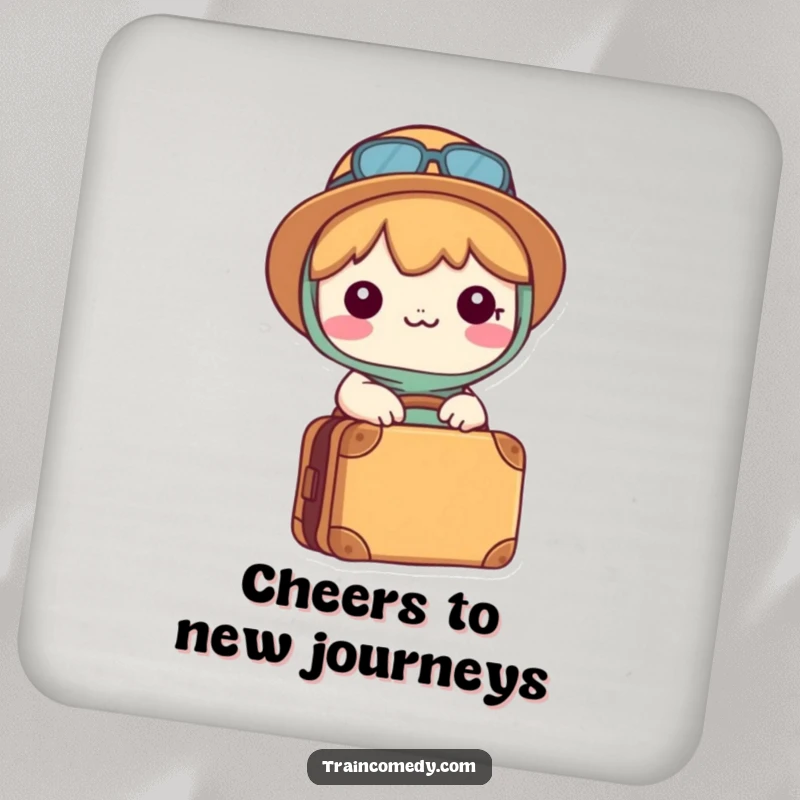 Funny Kawaii coaster featuring a happy character with a packed suitcase, ready for adventures and protecting drinks.