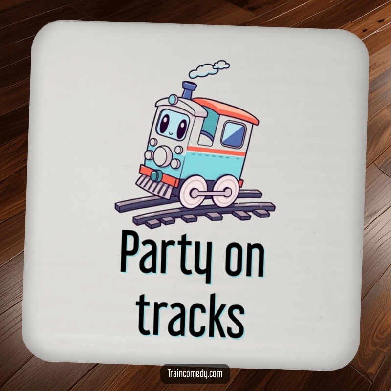 Funny playful train character doing a cartwheel on tracks, adding playful charm and humor to protect surfaces, a cute coaster.