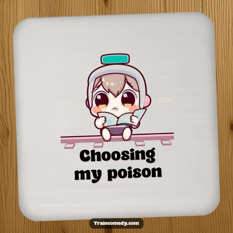 Funny Coaster: Curious Kawaii character with wide eyes looking at a train map, bringing adventure, a cute funny gift.