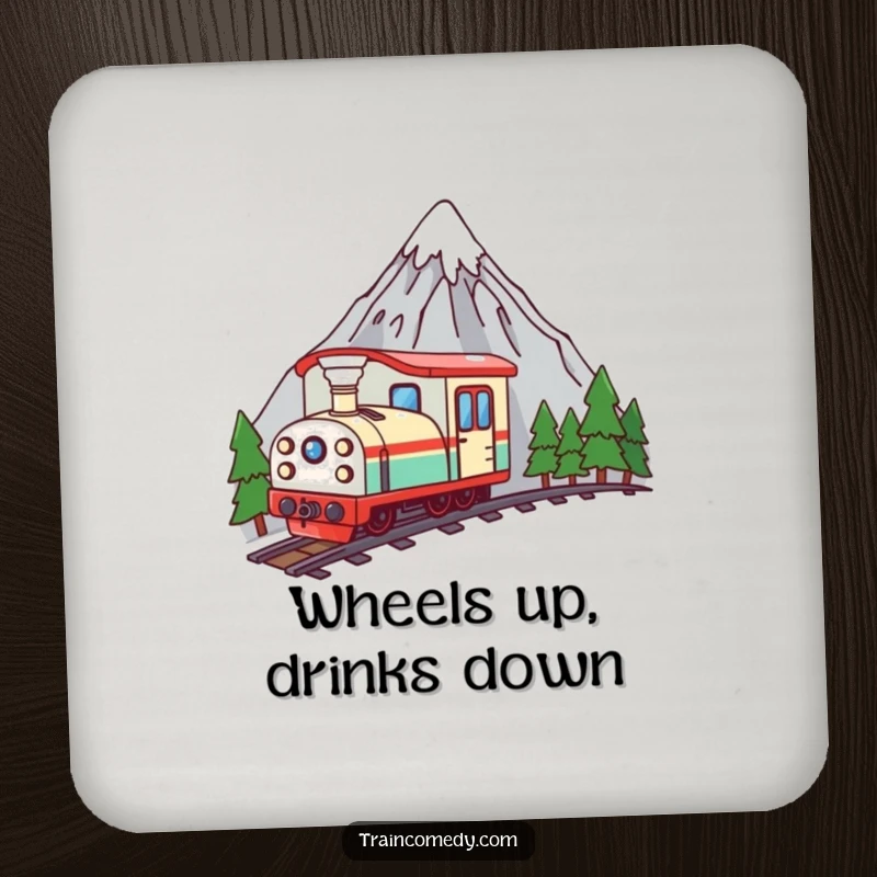 Funny kawaii train peeking from behind a mountain, illustrated on a durable coaster for a humorous touch to any table.