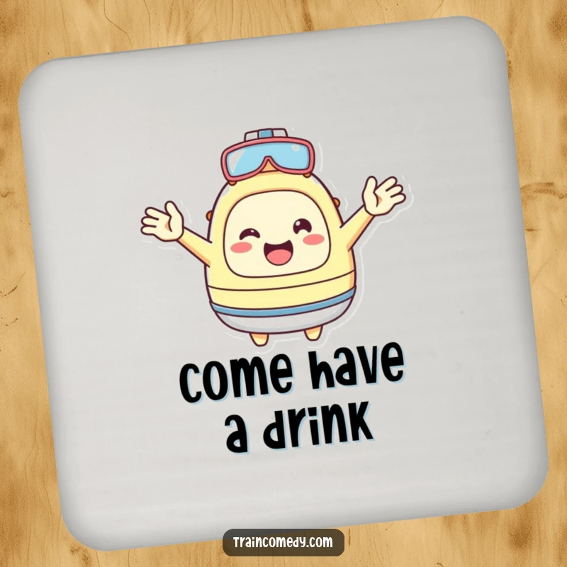 Funny Coaster: Cheerful Kawaii character with arms wide, welcoming drinks and guests, a cute funny gift.
