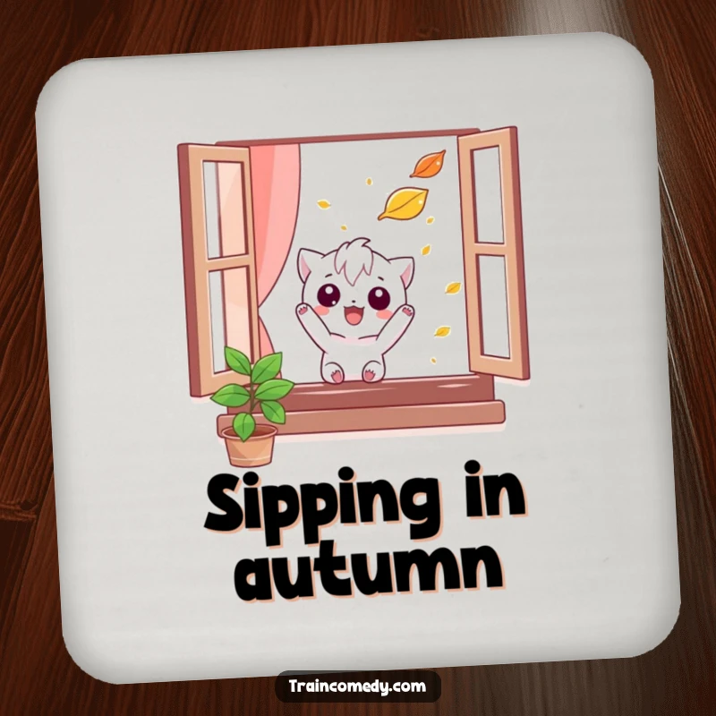 Funny drink coaster featuring a mischievous character comically trying to catch a falling leaf from a window, offering surface protection with a humorous autumn theme.
