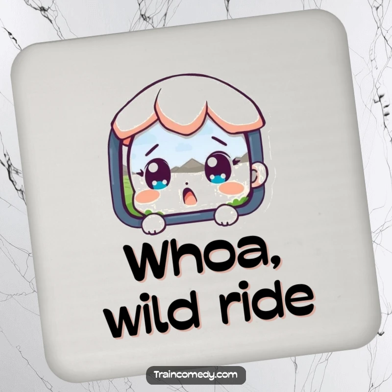 Funny drink coaster set featuring a surprised character with wide eyes looking at a passing landscape, protecting surfaces humorously.