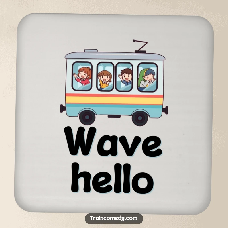 Funny train coaster, whimsical illustration of a train car, passengers waving, protecting surfaces with fun flair.
