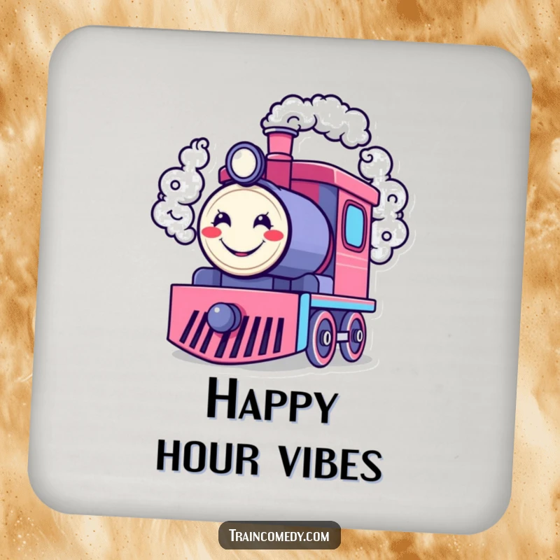 Funny drink coaster featuring a happy train engine character blowing smoke rings shaped like cheerful smiley faces, protecting surfaces with humor.