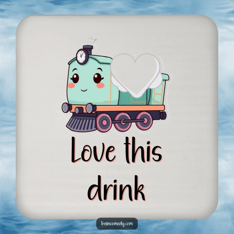 Cute train character puffing a heart-shaped cloud, depicted on romantic drink coasters.