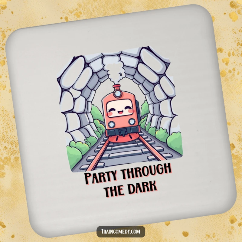 Funny Kawaii Train Coaster: A giggling kawaii train character enters a tunnel, a humorous protector.