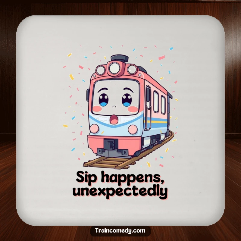Funny train drink coaster depicting a surprised locomotive covered in confetti, a humorous and protective accessory for tabletops.