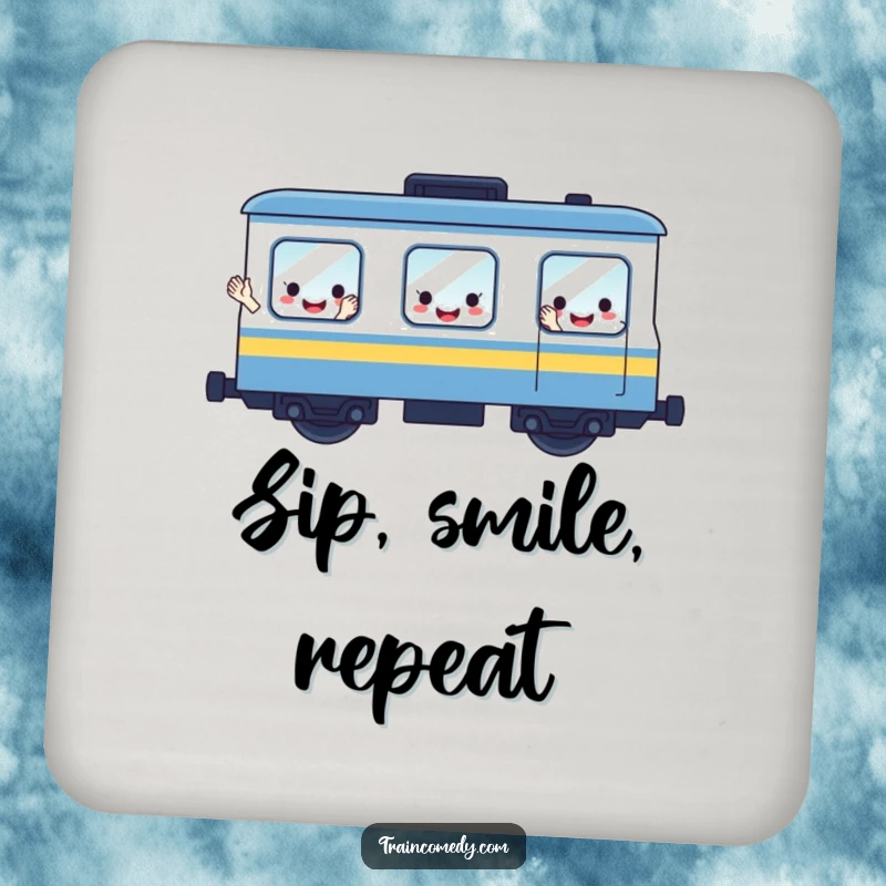 Funny drink coaster with a cute, waving train car whose window-shaped eyes are happy smiling faces, adding cheer.