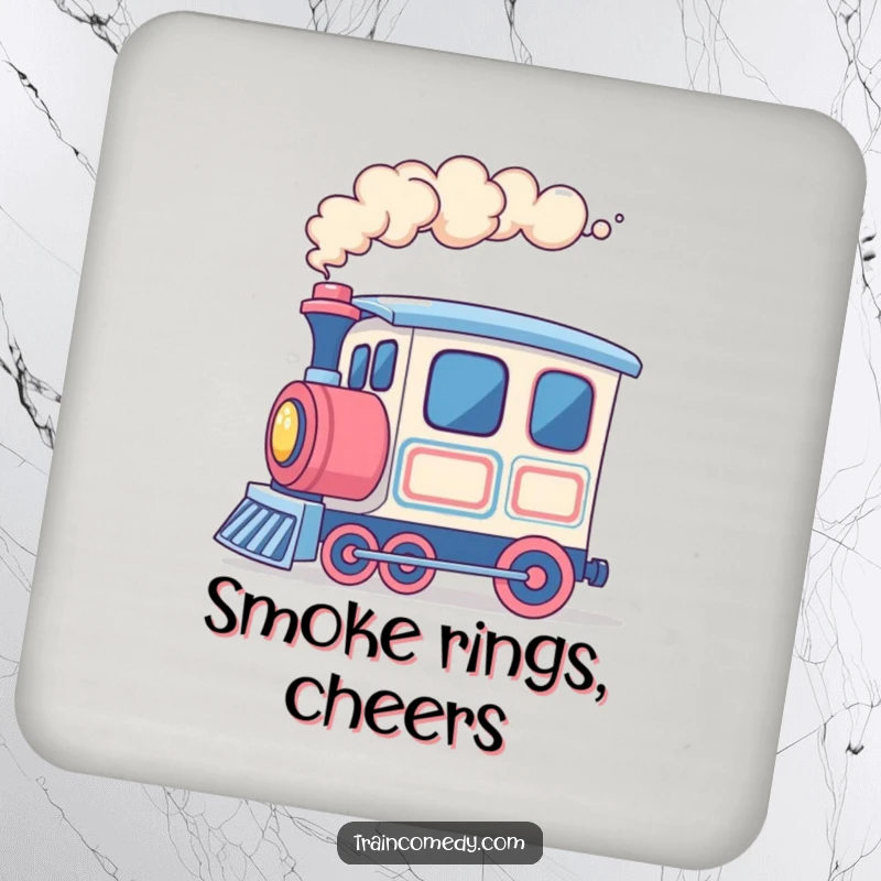 Funny train coaster, cheerful train car blowing colorful smoke rings, protecting surfaces with vibrant and humorous flair.
