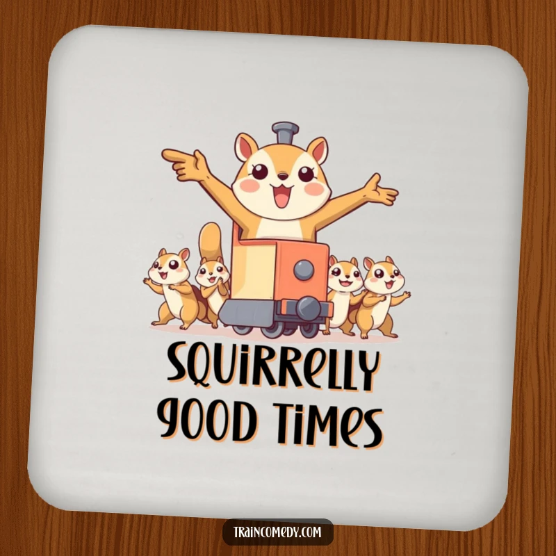 Funny drink coasters featuring a train character with outstretched arms being pulled by flying squirrels, perfect for protecting surfaces with a whimsical and adventurous design.