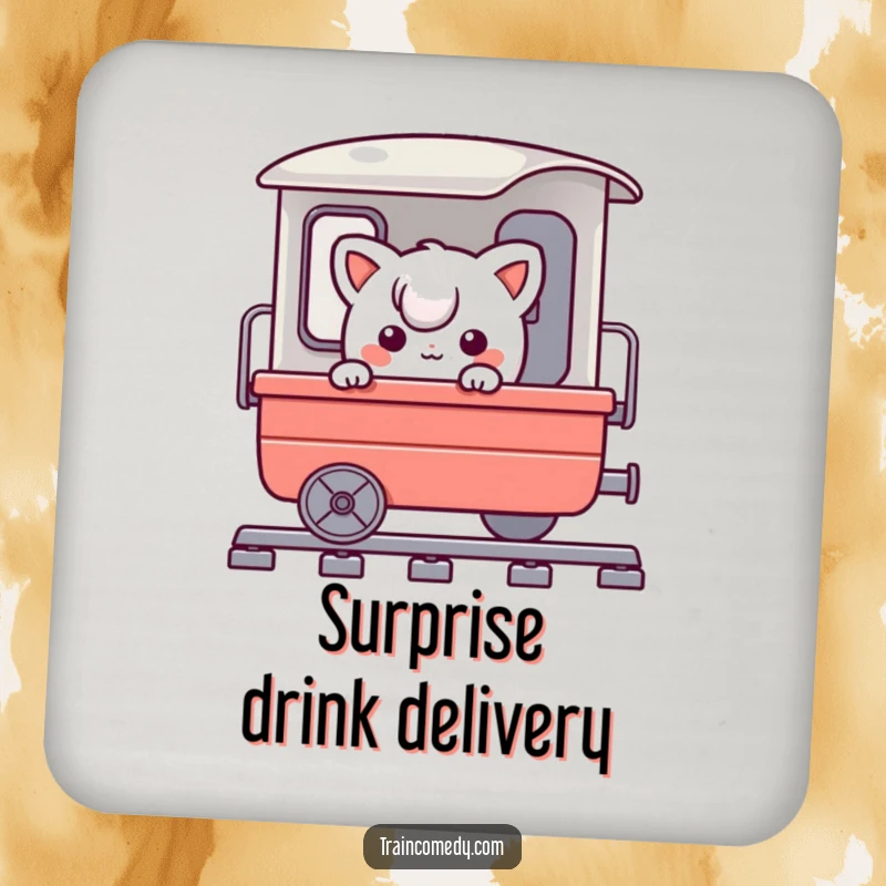 Funny drink coaster featuring a playful character comically peeking around a train cart, offering surface protection with a humorous travel theme.