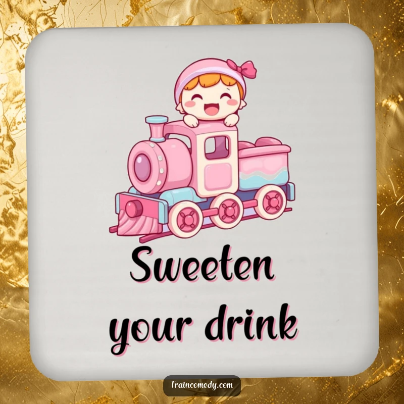 Funny drink coaster featuring a joyful character balancing on the roof of a moving candy train car, a scene of pure delight.
