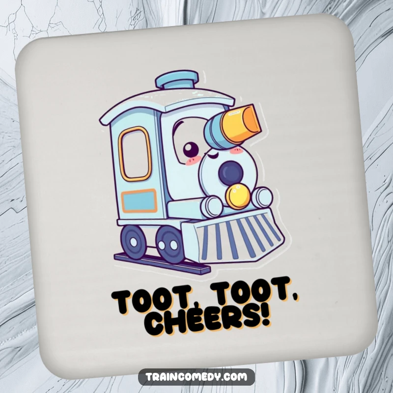 Funny kawaii train character gleefully tooting its horn with a smile on a functional and cheerful drink coaster.