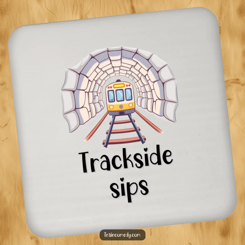 A train emerging from a tunnel, printed on a coaster for humorous table protection. A cute funny gift.