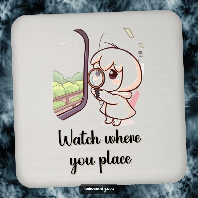 Funny drink coaster featuring a curious character with a magnifying glass on a train window, focused on the scenery.