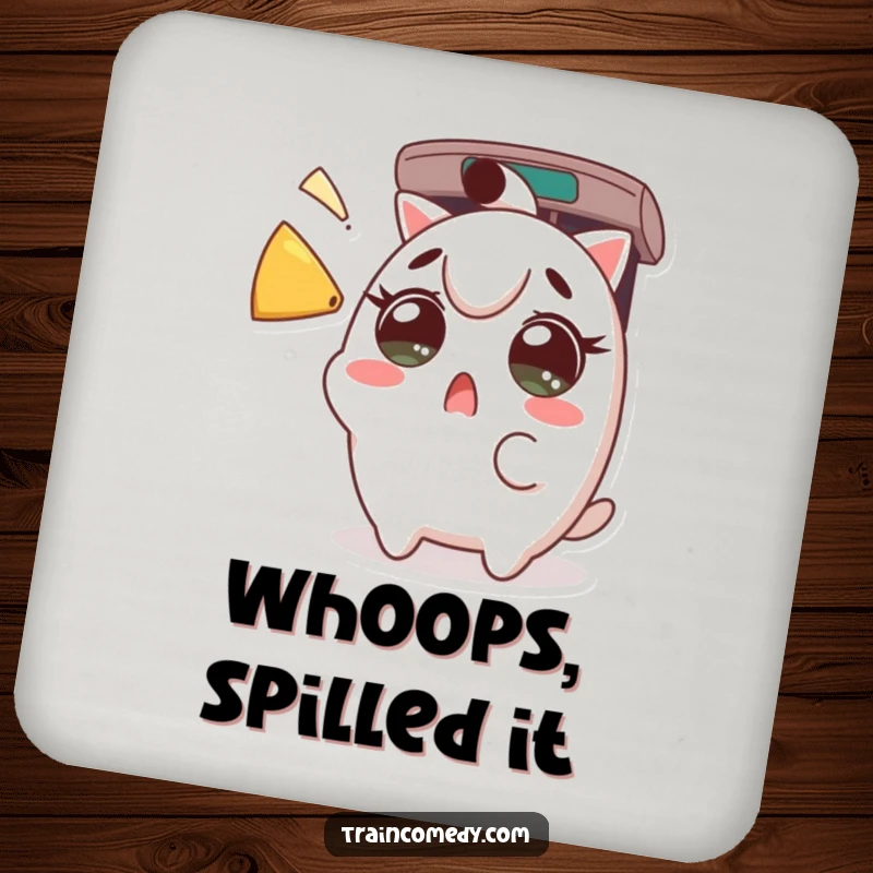 Funny Coaster: Surprised Kawaii character with wide eyes at a train horn, bringing humor and protecting surfaces, a funny gift.