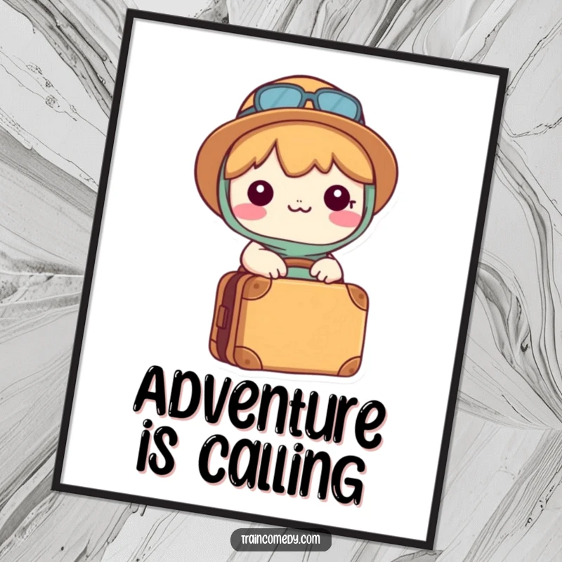 Funny Kawaii poster of a happy character with a packed suitcase, embodying the anticipation and joy of adventure.