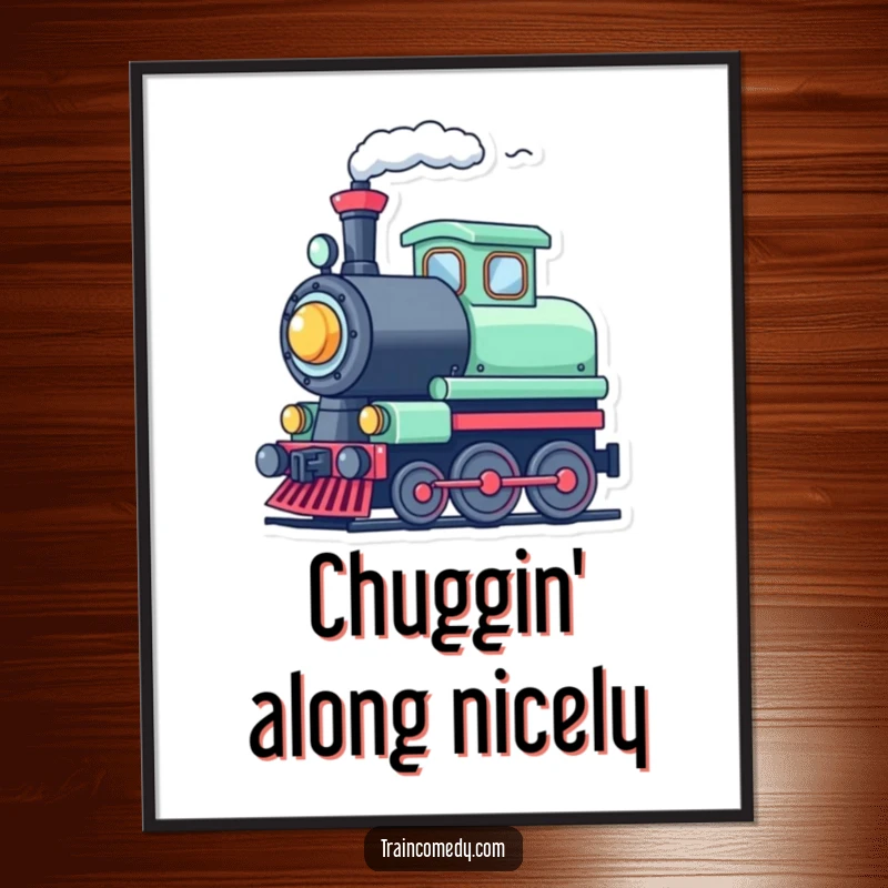 Funny cute train character blowing its whistle with steam, rendered as a cheerful and humorous art print.