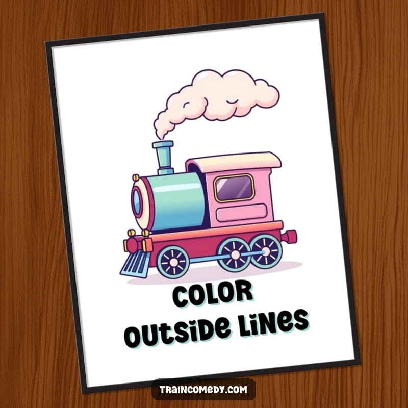 Funny poster print of a train engine with one chimney releasing a vibrant puff of rainbow smoke. Enchanting and humorous wall decor.