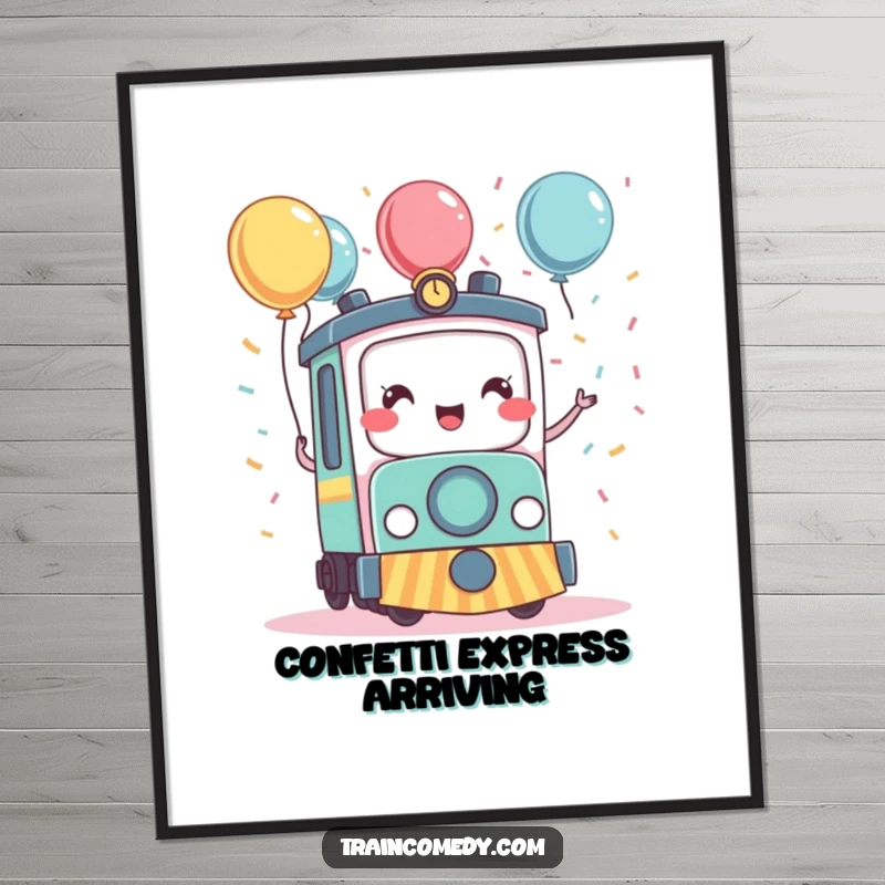 Funny kawaii train character joyfully celebrating with a shower of confetti and balloons, creating a lively and humorous poster.