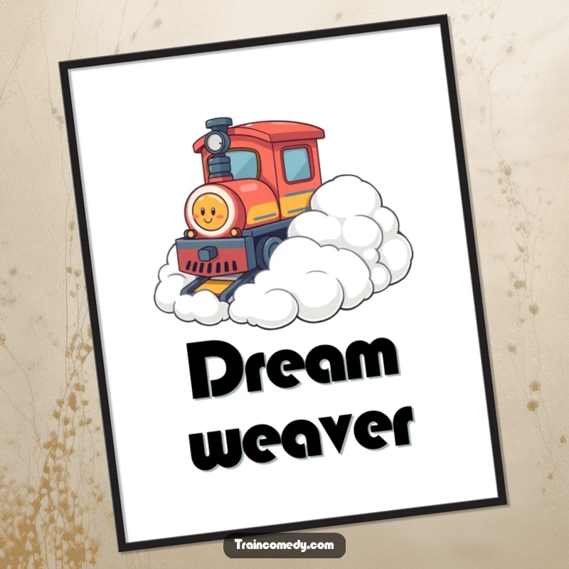 Funny poster featuring a train character playfully interacting with soft, fluffy clouds, creating a whimsical and cheerful piece of wall art.