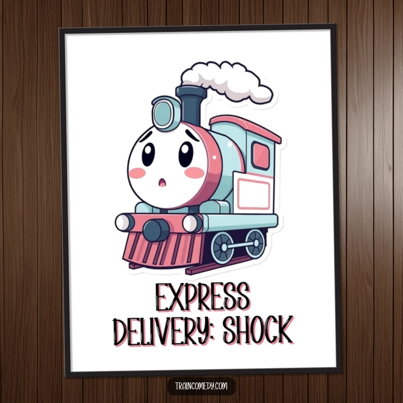 Funny kawaii train engine character emitting steam with a surprised expression, presented as wall art.