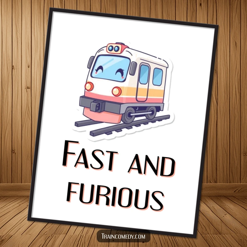 Funny train poster, depicting a character tilted dramatically, conveying the intense feeling of breaking speed barriers.