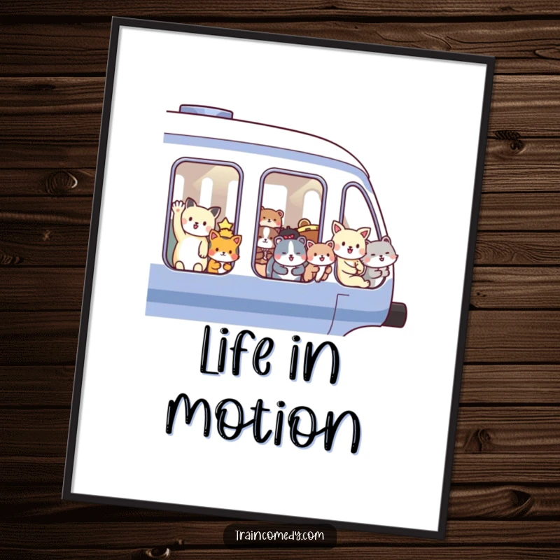 Funny poster showcasing a train packed with happy, waving animals, speeding through a landscape. Excellent wall art for adding humor and charm to any room.